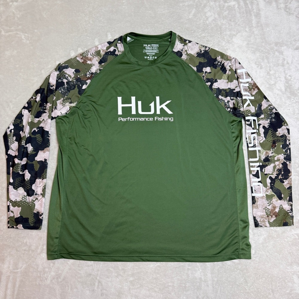 Huk Pursuit Long Sleeve Fishing Shirt Mens XXL Green Camo Performance Gorpcore